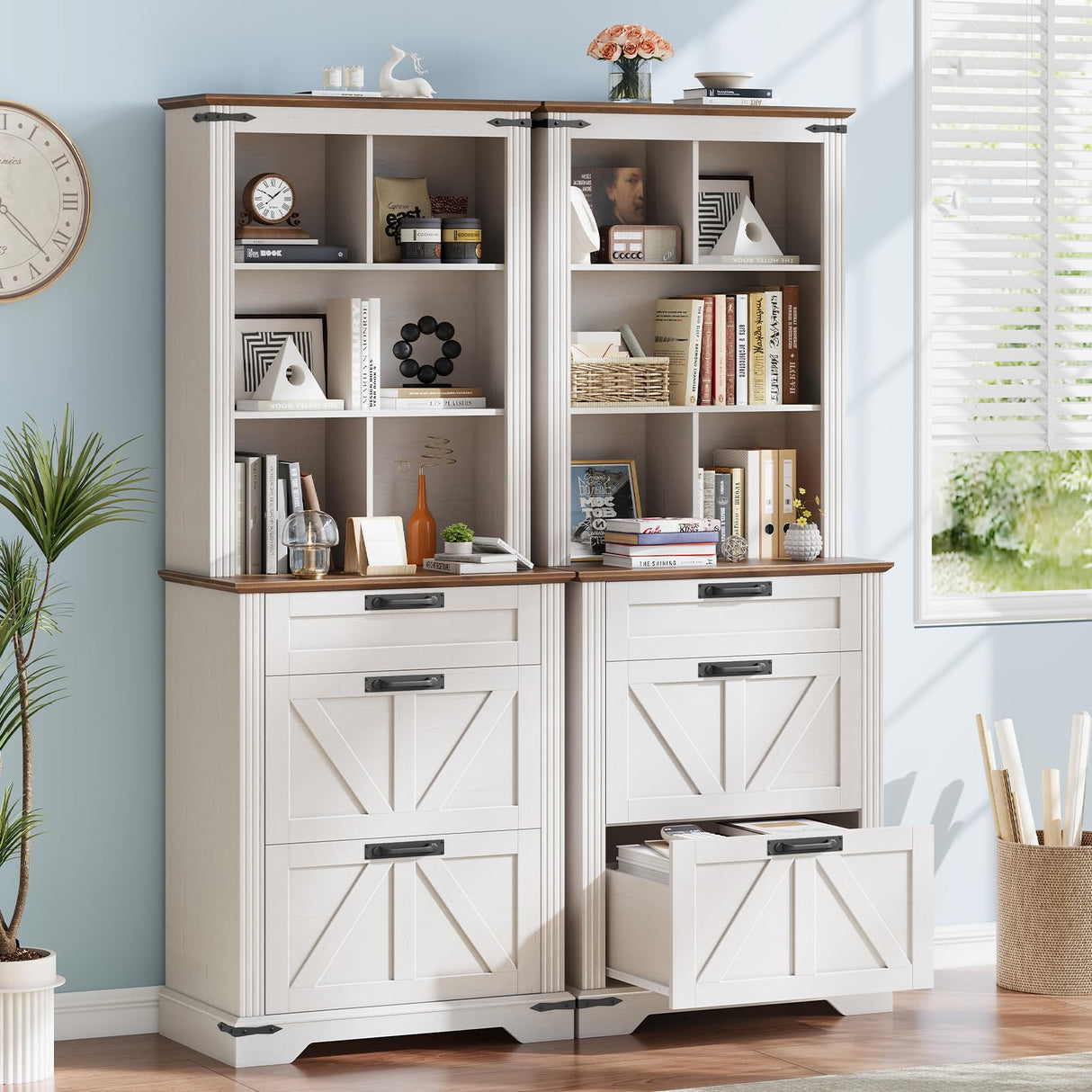 Halitaa 70" Tall Bookshelf, 3-Tier Floor Standing Bookcase with Drawers, Rustic White Farmhouse Book Shelf Wooden Display Organizer for Home Office, Living Room, Bedroom Halitaa