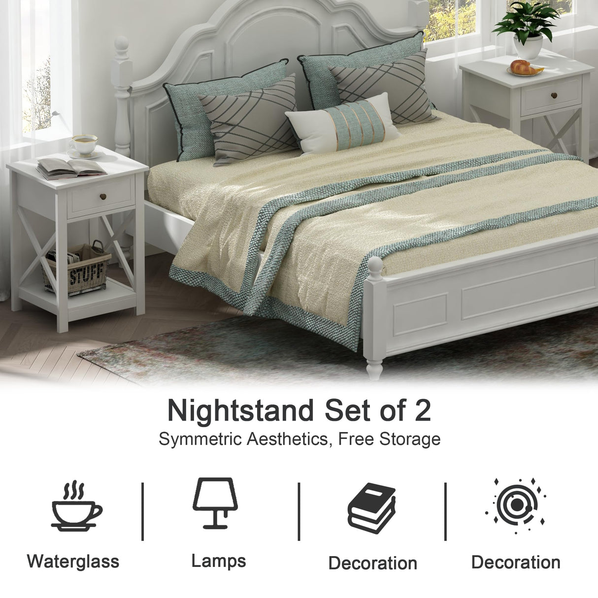 Treocho White Nightstand Set of 2, Modern X-Design Night Stand,Bedside End Table with Open Storage for Small Place,Bedroom Treocho