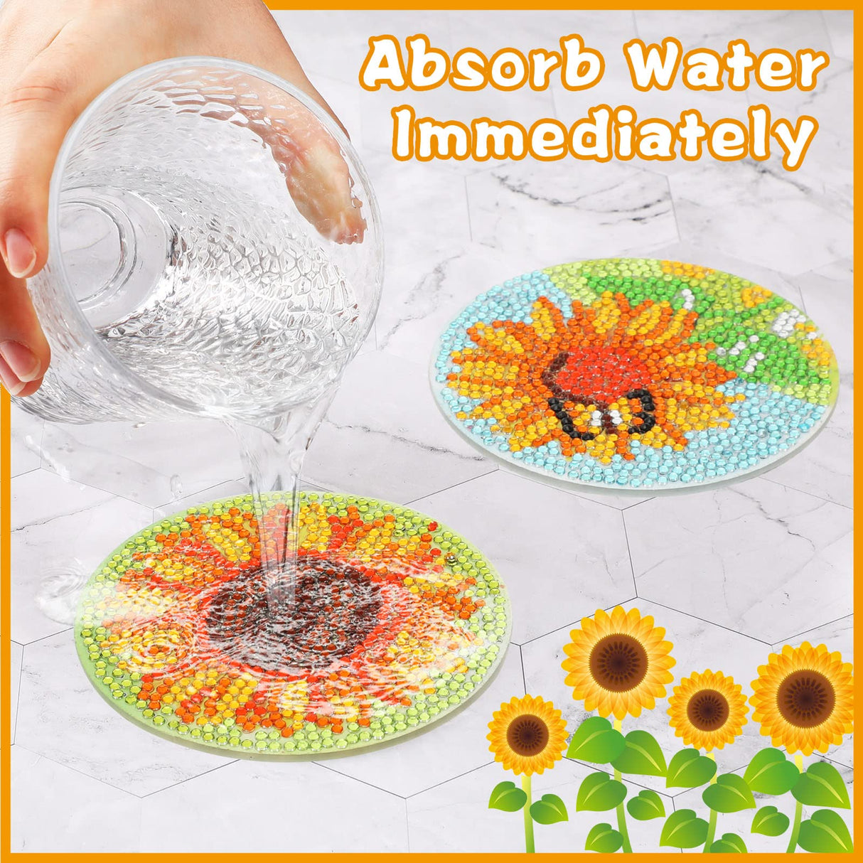 UPINS 8Pcs Sunflower Diamond Art Painting Coasters for Drinks DIY Coaster Diamond Art Kits for Adults Diamond Art Craft Supplies (Sunflower) UPINS