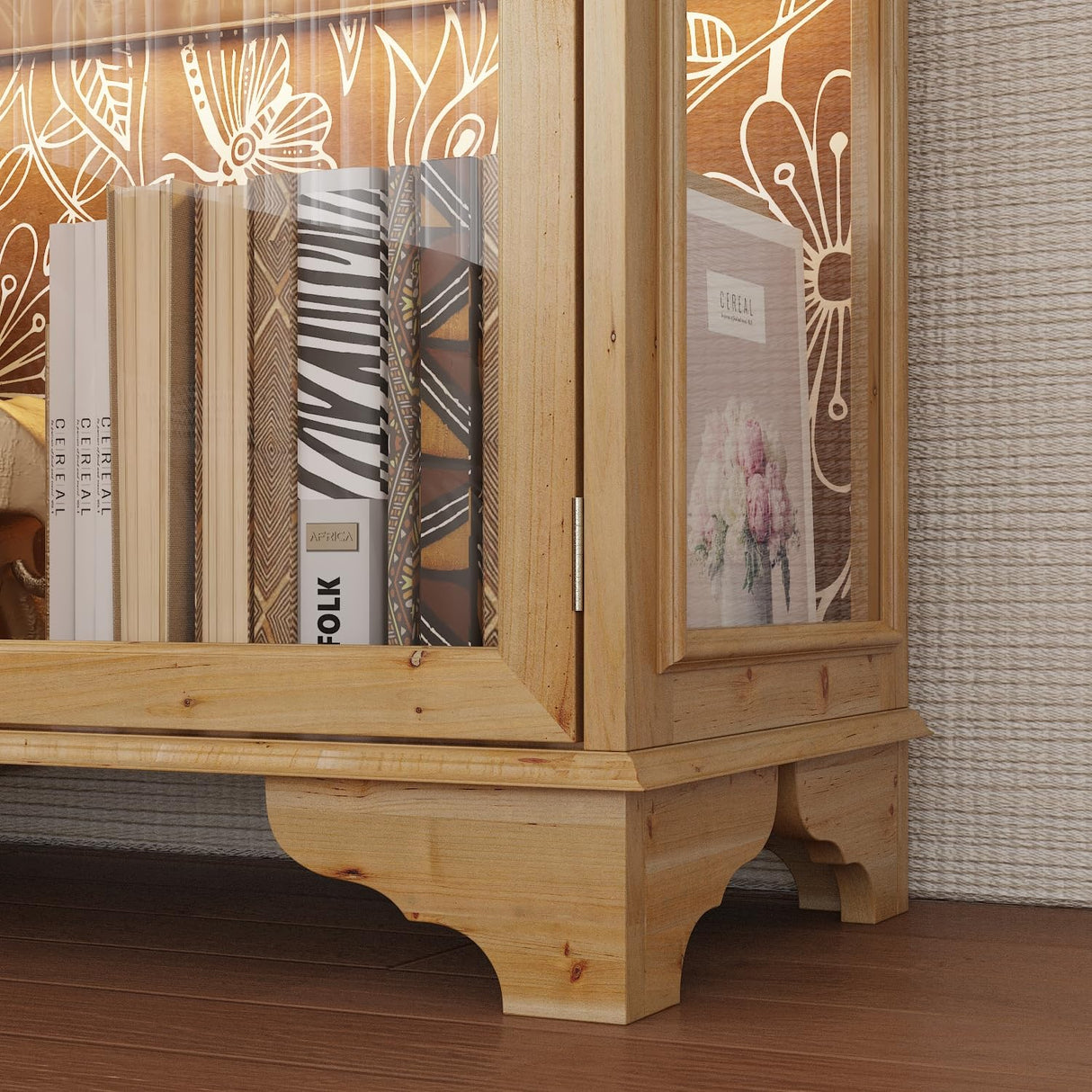 Hitow Glass Curio Cabinet Display Case with LED Light & 4 Doors, 4-Tier Flower-Patterned Glass Showcase Display Cabinet, 74.2" H Bookshelves and Bookcases for Living Room, Wood Grain Hitow