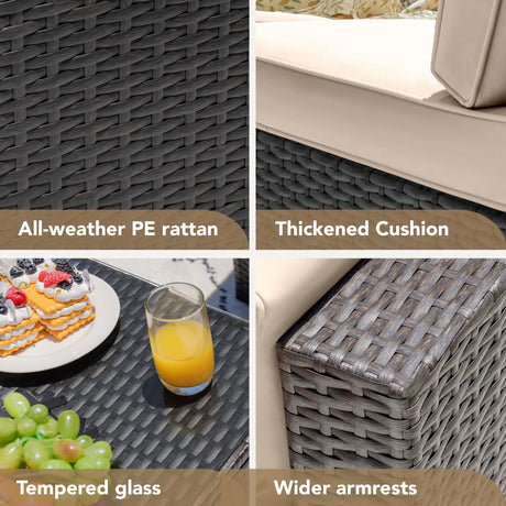 Devoko Patio Furniture Sets 6 Pieces Outdoor Sectional Rattan Sofa Manual Weaving Wicker Patio Conversation Set with Glass Table and Cushion (Beige) Devoko