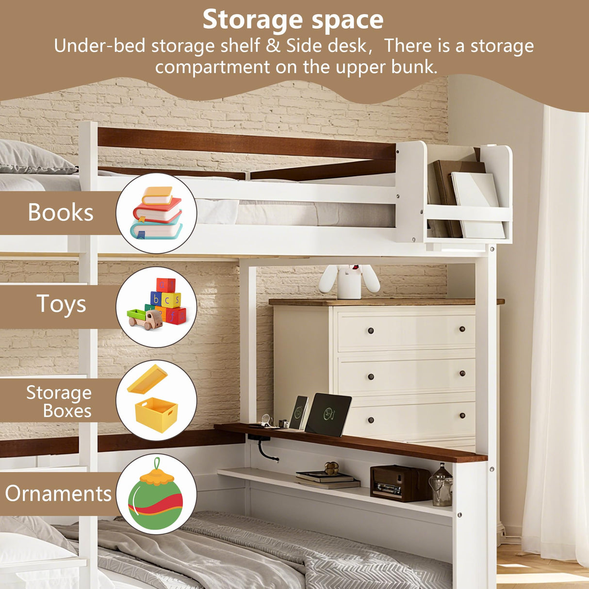 Harper & Bright Designs Low Bunk Bed with Storage Shelves, Wood Bunk Bed with USB Charging Station and LED Light, Queen Over Queen Bunk Beds for Adults, Kids, Teens, White Harper & Bright Designs