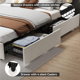 QFP LED Full Bed Frame with 4 Storage Drawers and Adjustable Headboard, Modern Velvet Upholstered Platform Bed Frame Full Size with Charging Station, Wooden Slats Support, No Box Spring Needed, White QFP