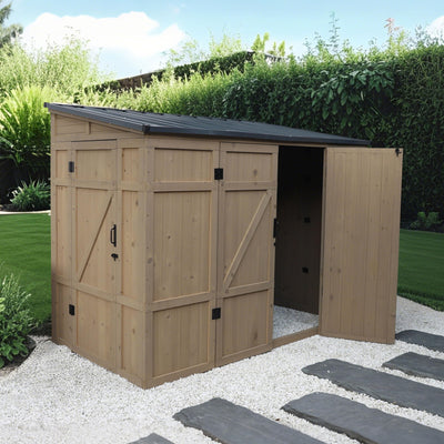 MUPATER 8×4 FT Wooden Storage Shed for Outdoor, Lean-to Shed Kit with Thickened Galvanized Steel Panels, Double Wide Door & Extra Side Door, Wooden Tools Shed with Air Vents for Patio Garden