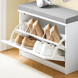 Haotian Small Shoe Storage Bench with Cushion, White Narrow Shoe Rack for Entryway, Small Shoe Cabinet with 2 Tiers Flip-Drawer, FSR195-K-W Haotian
