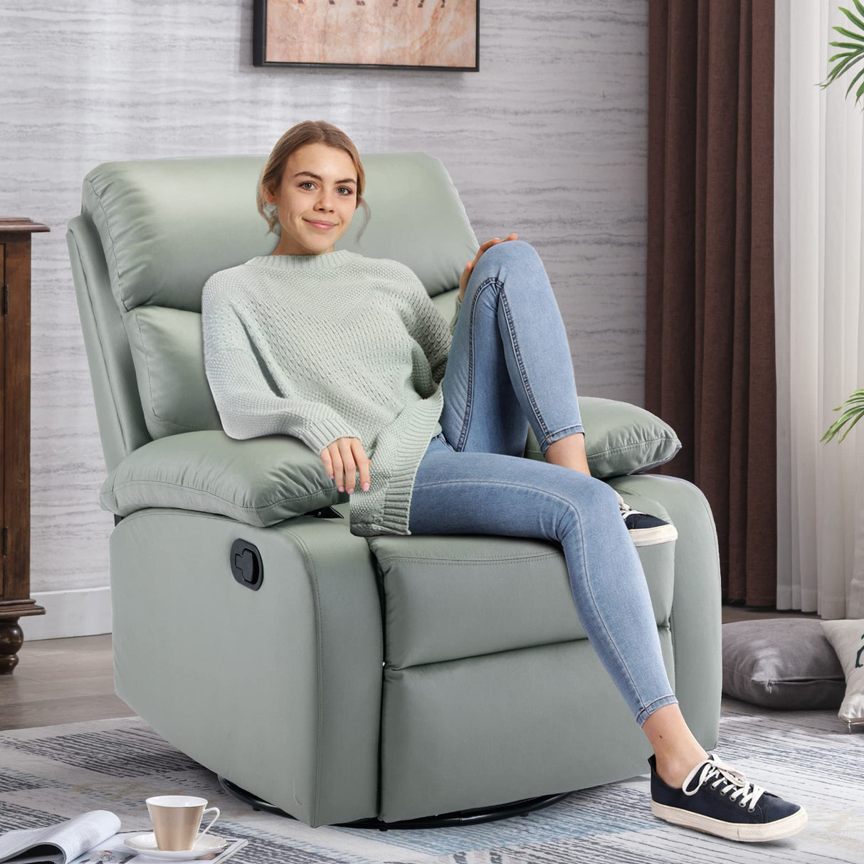 GNMLP2020 Swivel Rocker Recliner Chair for Adults, Rocking Recliner Chair, Manual Small Recliners for Small Spaces, Single Sofa Recliner for Living Room, RV, Green GNMLP2020