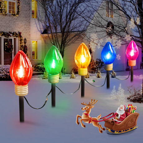Jumbo C9 Christmas Pathway Lights Outdoor - 8.5 Feet 5 LED C9 Walkway Lights, C7 Lights Covered Jumbo Multicolor Light Bulb Christmas Lights Outdoor Decorations for Lawn Holiday Outside Yard Garden Moonflor
