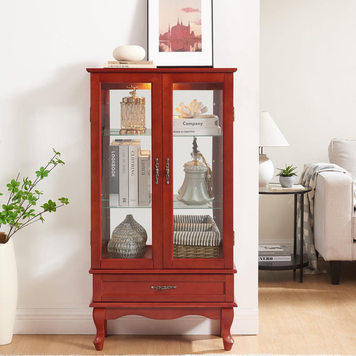 KEIKI Lighted Glass Display Curio Cabinet, 49" Tall Display Case with Adjustable Glass Shelves and Mirrored Back Panel for Living Room, Kitchen, Light Blub Included, Cherry KEIKI