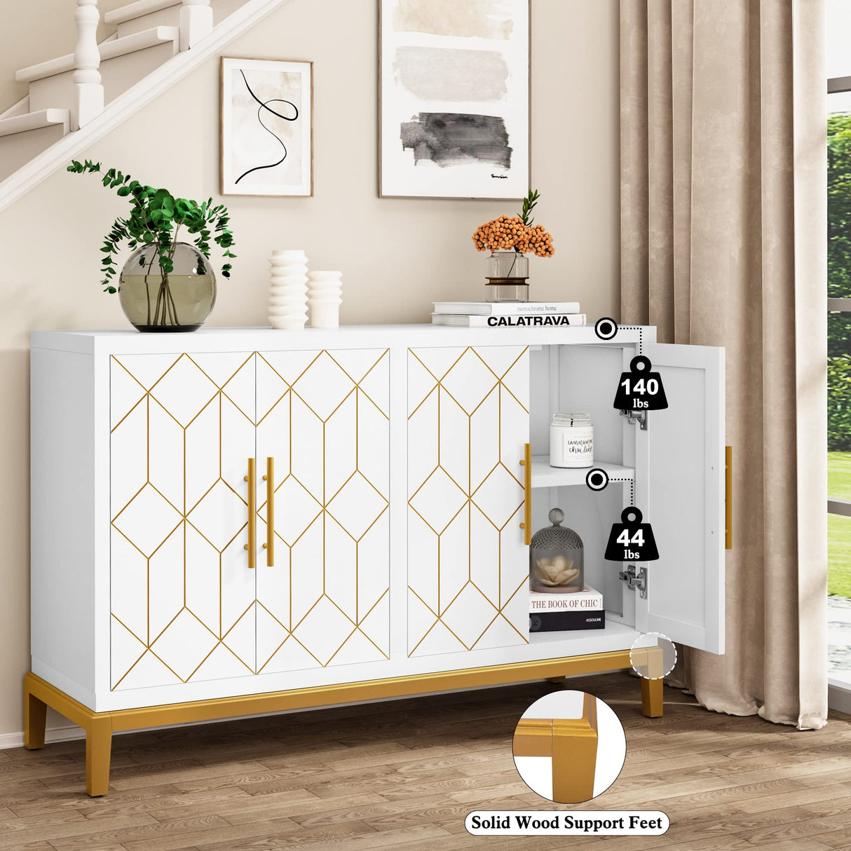 HLR Accent Cabinet with 4 Doors and Shelves, Sideboard Buffet Cabinet with Gold Lines, Modern Credenza Storage Decorative Cabinet for Living Room, Entryway, Kitchen, Dining Room, White HLR