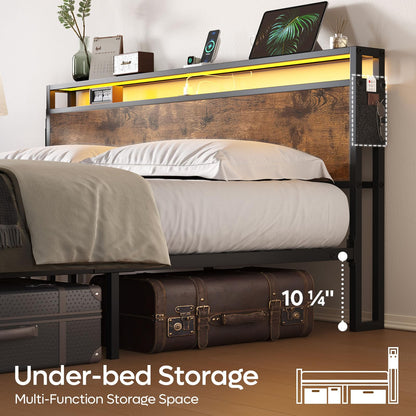 Bestier King Size Bed Frame with Headboard, Dual LED Lights, and Integrated Charging Station - WoodArtSupply