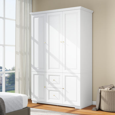 LABROSKIA Armoire Wardrobe Closet with 3 Drawers: 74" White Wardrobe Closet with 3 Doors, Large Wardrobes Closets for Hanging Clothes, Bedroom Armoires and Wardrobes