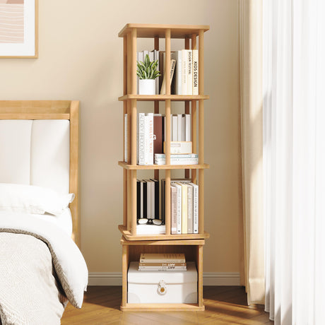 IOTXY 4-Tier Rotating Bookshelf Tower - Beech Wood Frame Spinning Bookcase with Storage Base, Tall Freestanding Revolving Shelf Organizer, Oak IOTXY