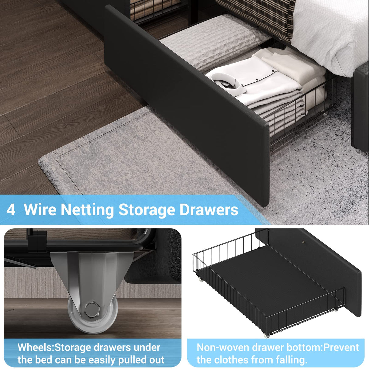 DICTAC Modern Black Faux Leather Queen LED Bed Frame with 4 Storage Drawers and USB Ports DICTAC