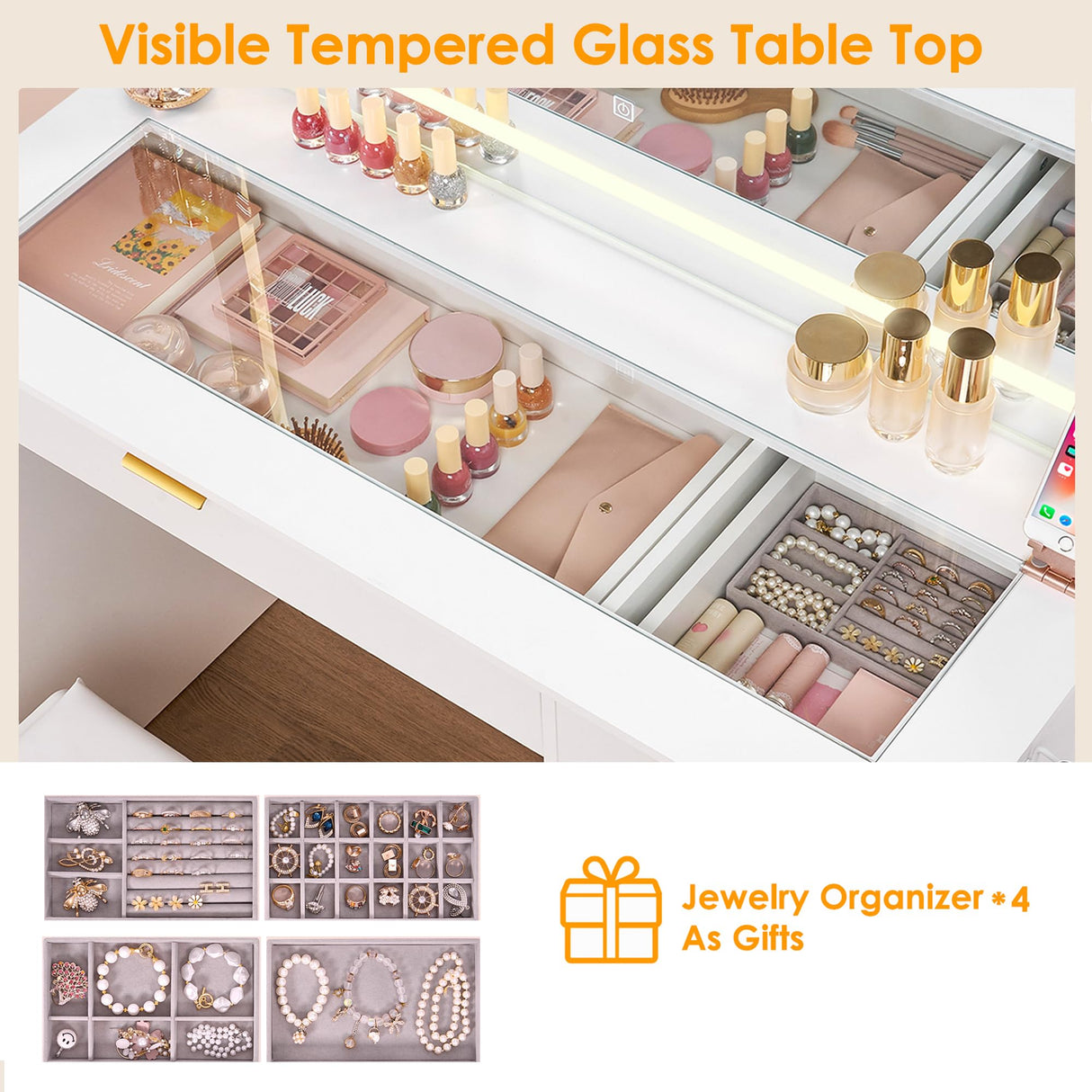 ANWBROAD 39.4" Makeup Vanity Desk with Glass Top & Power Outlet for Girls Women White Modern UBDT79W ANWBROAD