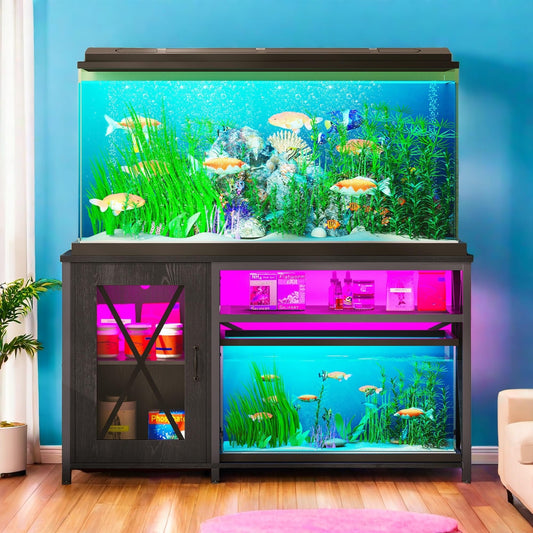 YITAHOME Fish Tank Stand with Power Outlets & LED Light, 55-75 Gallon Metal Aquarium Stand with Cabinet for Fish Tank Accessories Storage for Turtle Tank, Reptile Terrarium, 860LBS Capacity, Black