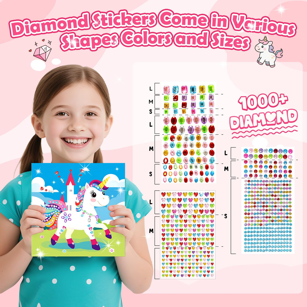 Gem Art Sticker Kit, Arts and Crafts for Kids Age 4-12, 8 Unicorn Princess Themes Diamond Art Kit, Gemstone Sticker Crafts Christmas Birthday Gifts for Girls Ages 4,5,6,7,8 Year Old (Unicorn) Fortand