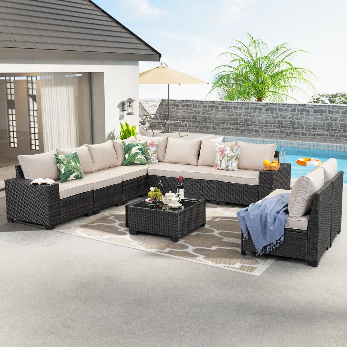 JOYURE 10 Pieces Patio Furniture Set All-Weather Outdoor Wicker Sectional Conversation Sofa Rattan Patio Seating Sofa with Cushion and Glass Table for Porch Poolside,Beige JOYURE