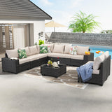 JOYURE 10 Pieces Patio Furniture Set All-Weather Outdoor Wicker Sectional Conversation Sofa Rattan Patio Seating Sofa with Cushion and Glass Table for Porch Poolside,Beige JOYURE