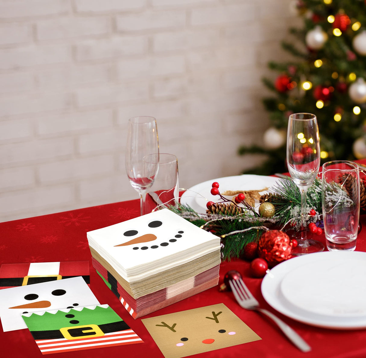 Gift Boutique 120 Christmas Character Cocktail Beverage Napkins Holiday Disposable Paper Napkin Cute Xmas Winter Snowman Reindeer Elf & Santa Belt Dessert Napkins for Home Dinner Buffet Party Supplies Gift Boutique
