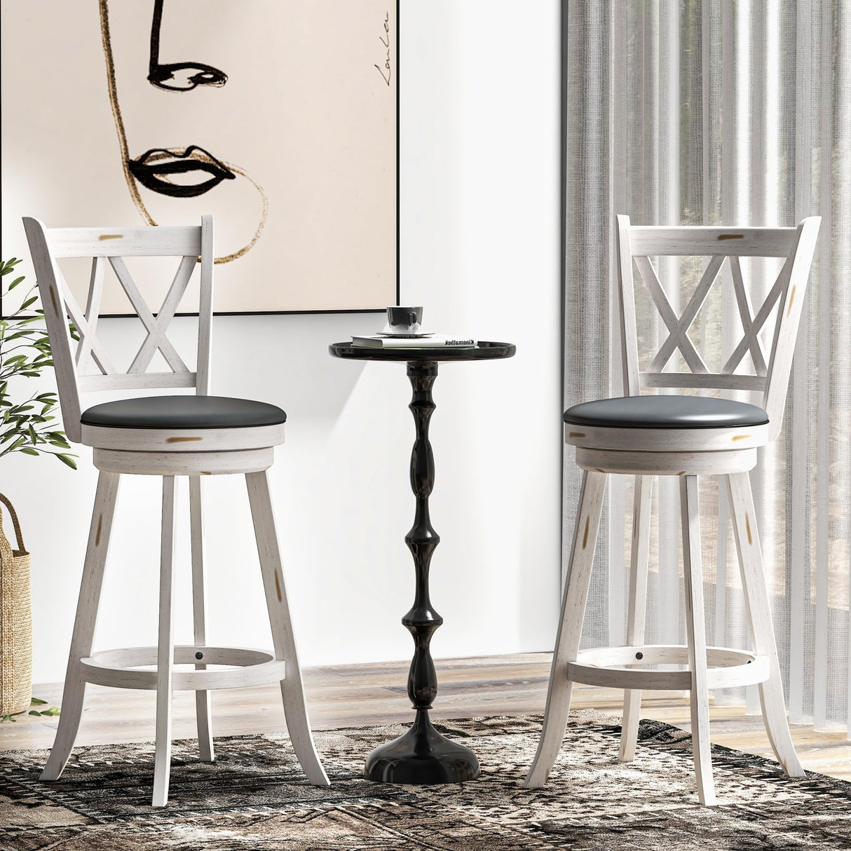 Callales 29" Swivel Bar Stools Set of 2, Swivel Counter Height Stools with Back & Solid Wood Footrest, Wooden Barstools for Kitchen Island, Home Bar, Antique White (Antique White, 29" Bar Height) Callales