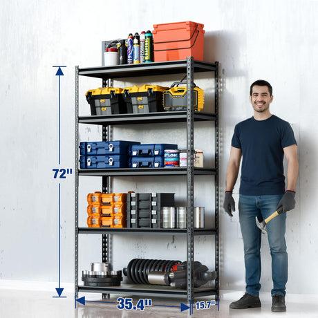 WORKPRO 5-Tier Storage Shelf, 72" H Heavy Duty Adjustable Garage Shelving Unit 2180LBS Capacity, for Basement, Kitchen, Pantry, 35.4”Wx15.7”Dx72”H, Black WORKPRO