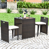 Tangkula 3 Piece Outdoor Rattan Dining Set, No Assembly Patio Bistro Set with Tempered Glass Table, Space Saving Patio Wicker Cushioned Chair Furniture Set for Courtyard, Balcony, Garden (Brown) Tangkula