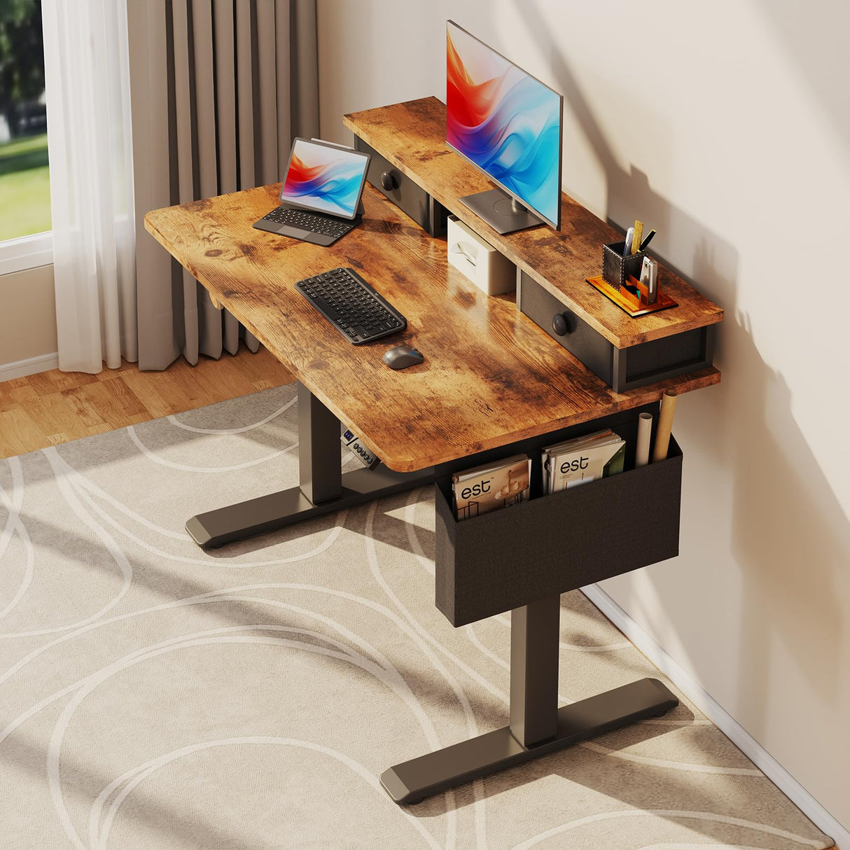 Electric Standing Desk Adjustable Height - 40 Inch Sit Stand Desk with Storage Drawers , Small Standing Desks with Shelf Monitor Stand, Kids Girls Computer Desks for Bedroom Home Office, Rustic Brown KLUVIS