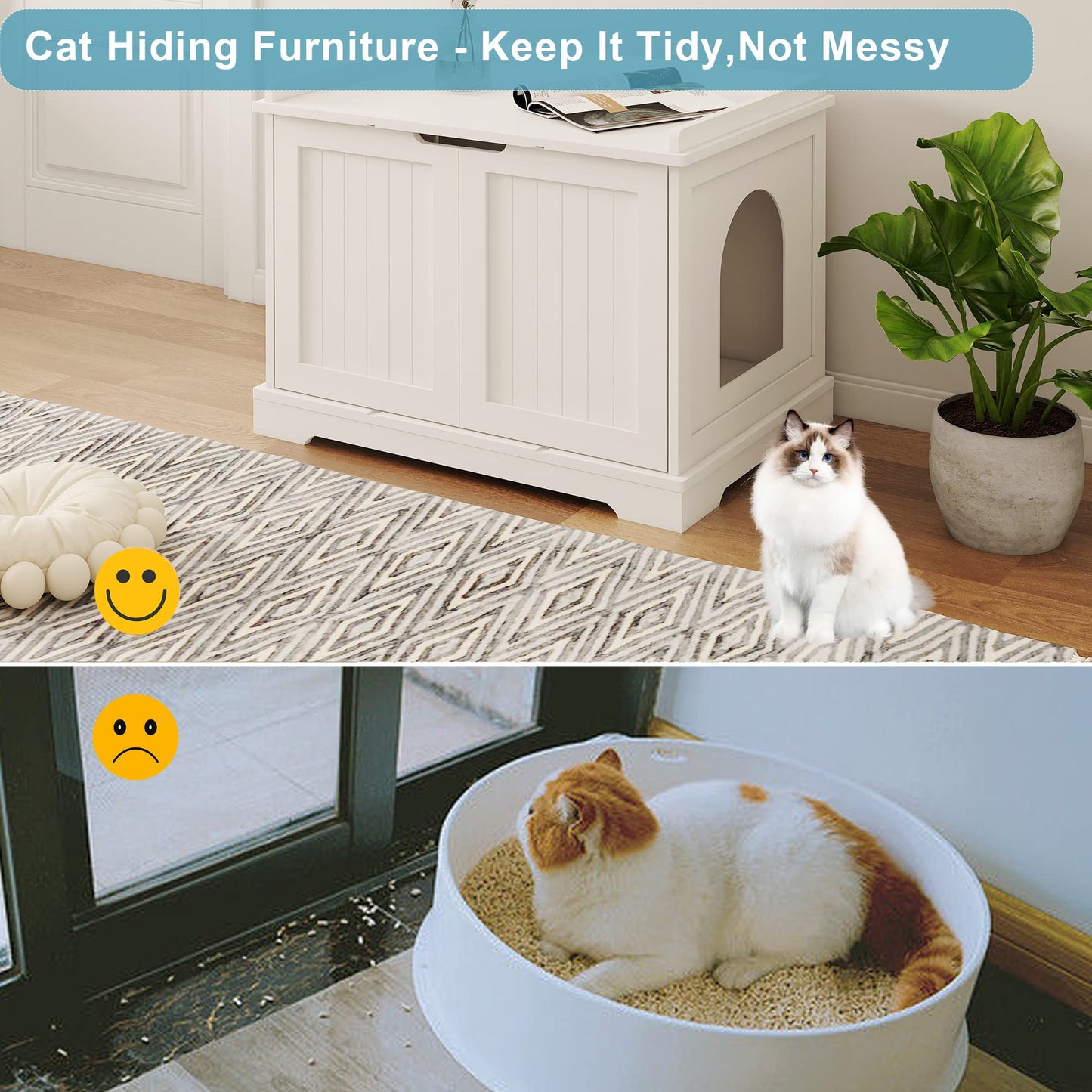 HOME BI Cat Litter Box Enclosure Hidden, Cat Washroom Storage Bench, Pet Crate Furniture, Modern Wooden Kitty Litter Cabinet, Cat Home/ Hideaway, White