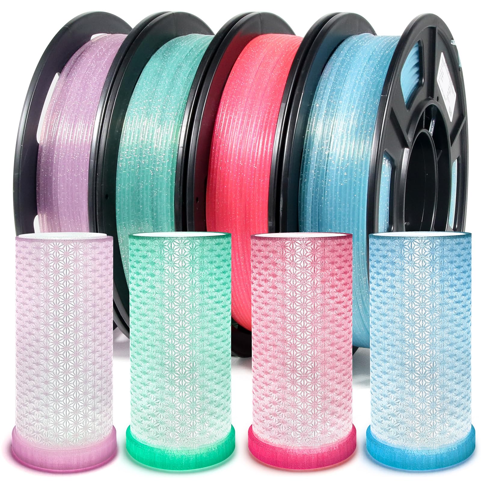 IEMAI Clear PLA Filament 1.75mm Bundle, High Speed 3D Printer Filament at 30-600mm/s, Transparent PLA Filament with Glitter Shiny, 250g × 4 Spool, Purple/Blue/Mint Green/Rose Pink - WoodArtSupply