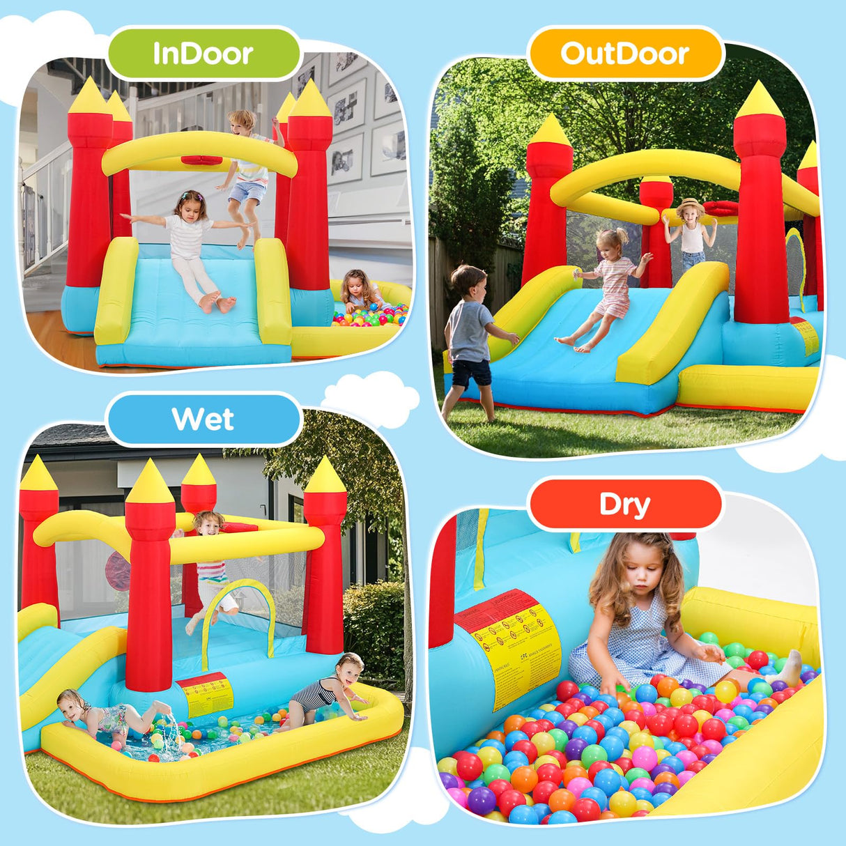 Inflatable Bounce House, Bouncy House with Blower, Bouncy Castle with Slide, Ball Pit, Jump House for Indoor Outdoor Backyard Party for Kids Aged 3-8 (10FT X 10FT X 7FT) with Repair Kit & Storage Bag Toiyjofe