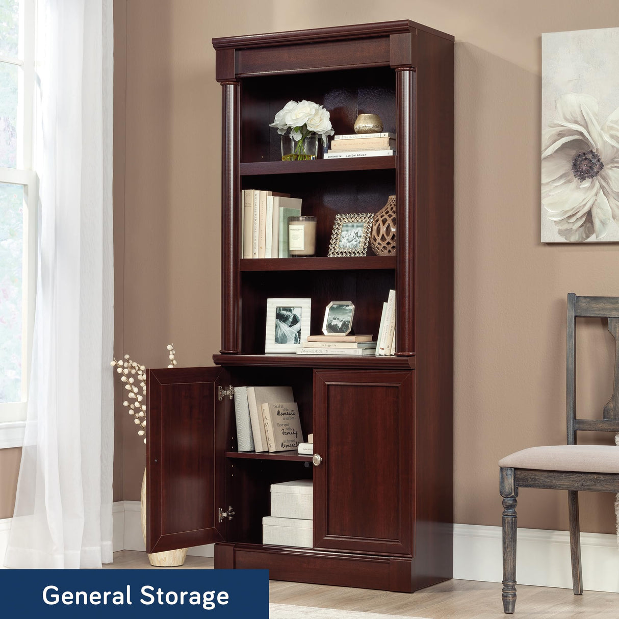 Sauder Palladia Book Shelf, Bookshelf with Storage, Library Bookcase with Doors and Adjustable Shelves, in Select Cherry finish Sauder