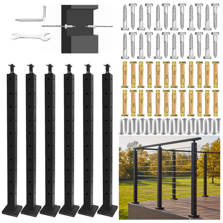 VEVIVOOVY Stainless Steel Cable Railing Post 36"(Post 34"x2"x2"),Level Drilled Railing Post with Adjustable Top Mount Cable Handrail Post,DIY Black Railing Post for Decks,Porchs,Balconies -6Pack VEVIVOOVY