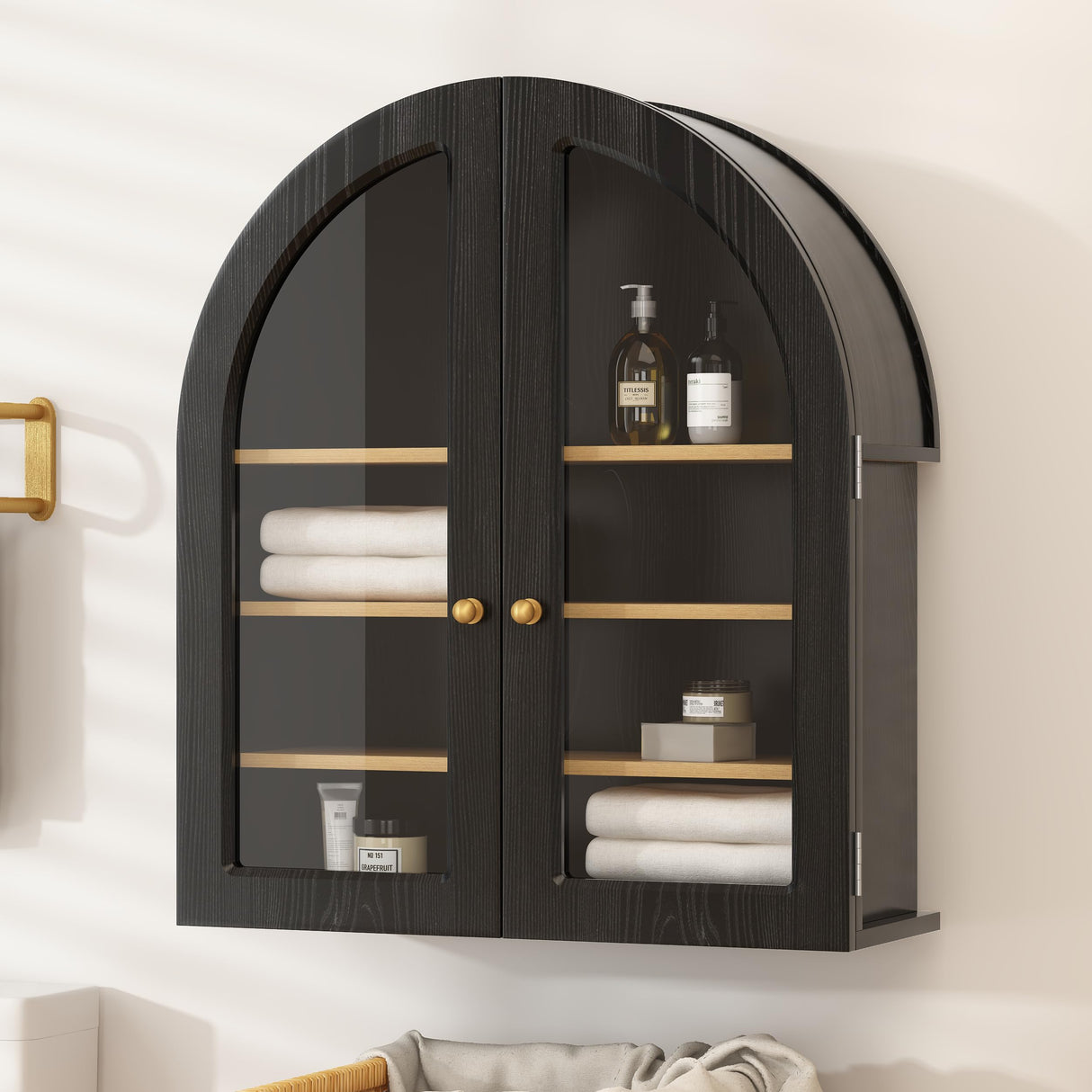 MoomJiee Large Arched Bathroom Wall Cabinet Modern Wooden Display Cabinet with Acrylic Doors Farmhouse Wall Mounted Cupboard Storage Organizer for Laundry Room, Dining Room, Black MoomJiee