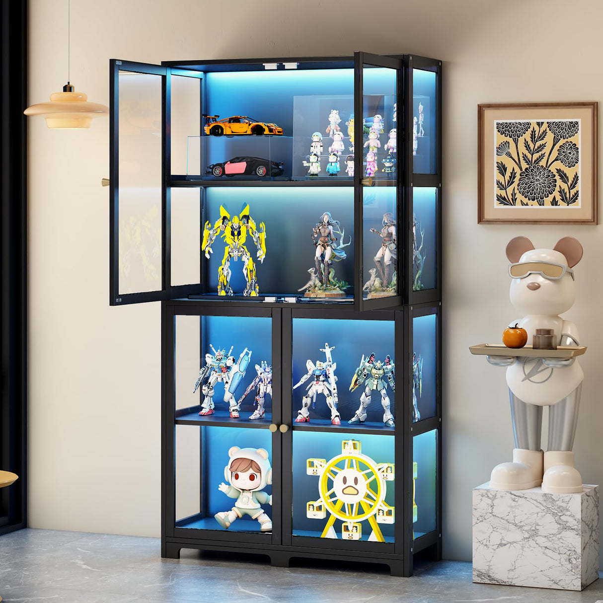 walkclpck 4 Tier Curio Display Case, Display Cabinet with Acrylic Door, 65“Transparent Curio Case, Organizers Rack & Display Shelf, Kids Bookcase for Bedroom, Office, Playroom, Living Room. walkclpck