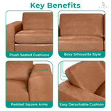 Naomi Home Freya Genuine Leather Sofa for Living Room, Bedroom - Loveseat, Sofa - Luxurious Comfort, Goose Feather Cushion Filling, Square Arm Design, Sturdy Block Legs, Elegant, Tan Naomi Home