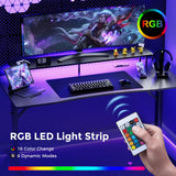 GTRACING Gaming Desk with LED Lights, 55 Inch Large Computer Gamer Desk with Monitor Stand & Power Outlet, Ergonomic Carbon Fiber Surface Gaming Table with Mouse Pad for Home Office, Carbon Black GTRACING