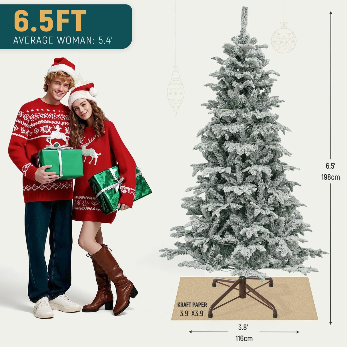 YITAHOME Pre-Lit Flocked Artificial Christmas Tree with Remote, 6.5 FT Snow Flocked Natural Layered Christmas Tree with 760 PE & PVC Mixed Tips and 350 Lights for Home, Office, Party Decoration YITAHOME
