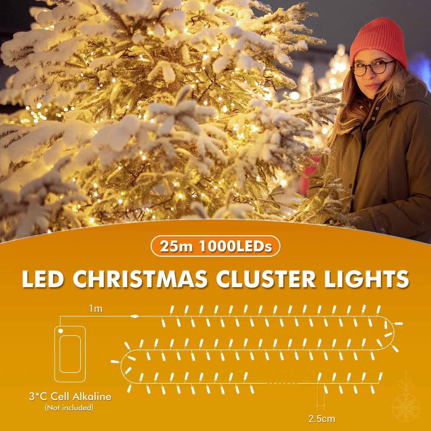 Quntis C Battery Operated Christmas Lights - 82FT 1000LED Ultra Bright Cluster Christmas Lights Outdoor Waterproof 8 Modes Christmas Tree String Lights with Timer for Wedding Party, Warm White