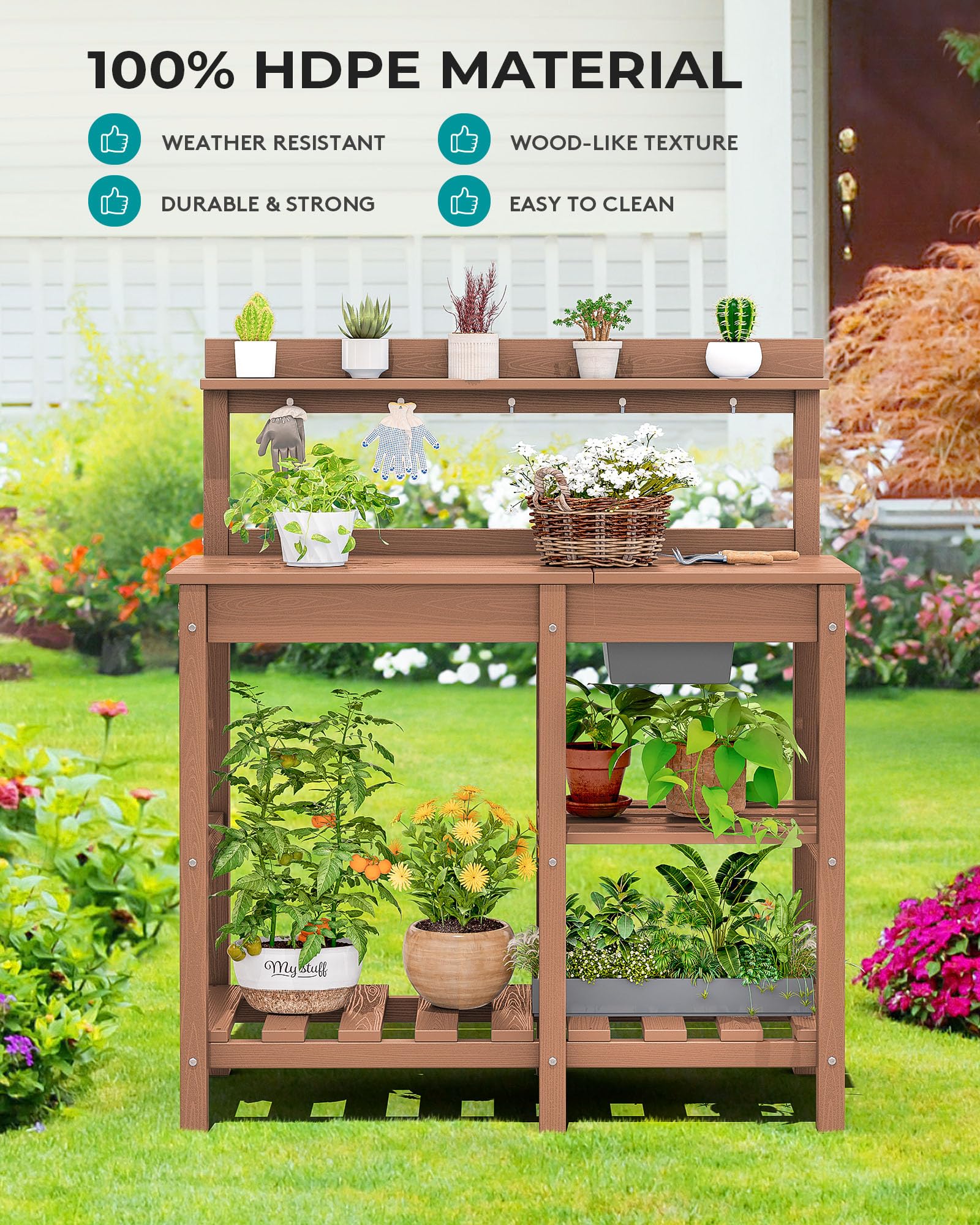 SERWALL Potting Bench Outdoor Potting Table with Sink, HDPE Potting Benches for Outside Gardening Table All Weather Use- Brown - WoodArtSupply