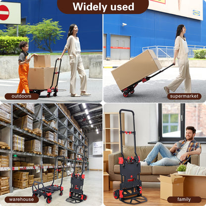 2-in-1 Folding Hand Truck Dolly 330LB Load Carrying,Hand Truck Foldable Dolly with Retractable Handle and 4 Rubber Wheels,Portable Folding Hand Cart for Luggage/Travel/Office