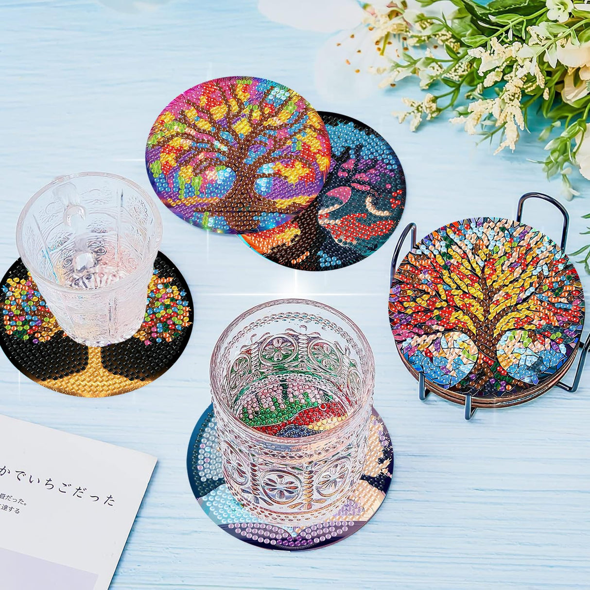 igoodom 8 Pcs Tree of Life Diamond Art Coasters Kit with Holder, DIY Tree Diamond Painting Coasters for Beginners Adults, Non Slip Diamond Art Kits Craft Supplies 4x4inch igoodom