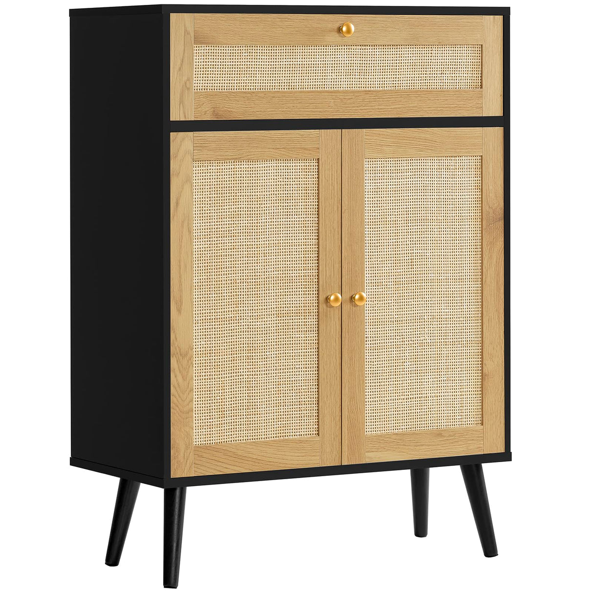 Iwell Storage Cabinet with Adjustable Shelf, Rattan Cabinet with Large Drawer, Sideboard Buffet Cabinet with Storage, Accent Cabinet, Bathroom Storage Cabinet for Dining Room, Entryway, Bedroom, Black Iwell