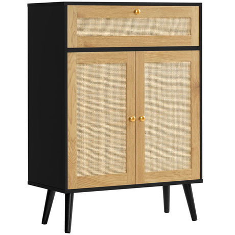 Iwell Storage Cabinet with Adjustable Shelf, Rattan Cabinet with Large Drawer, Sideboard Buffet Cabinet with Storage, Accent Cabinet, Bathroom Storage Cabinet for Dining Room, Entryway, Bedroom, Black Iwell