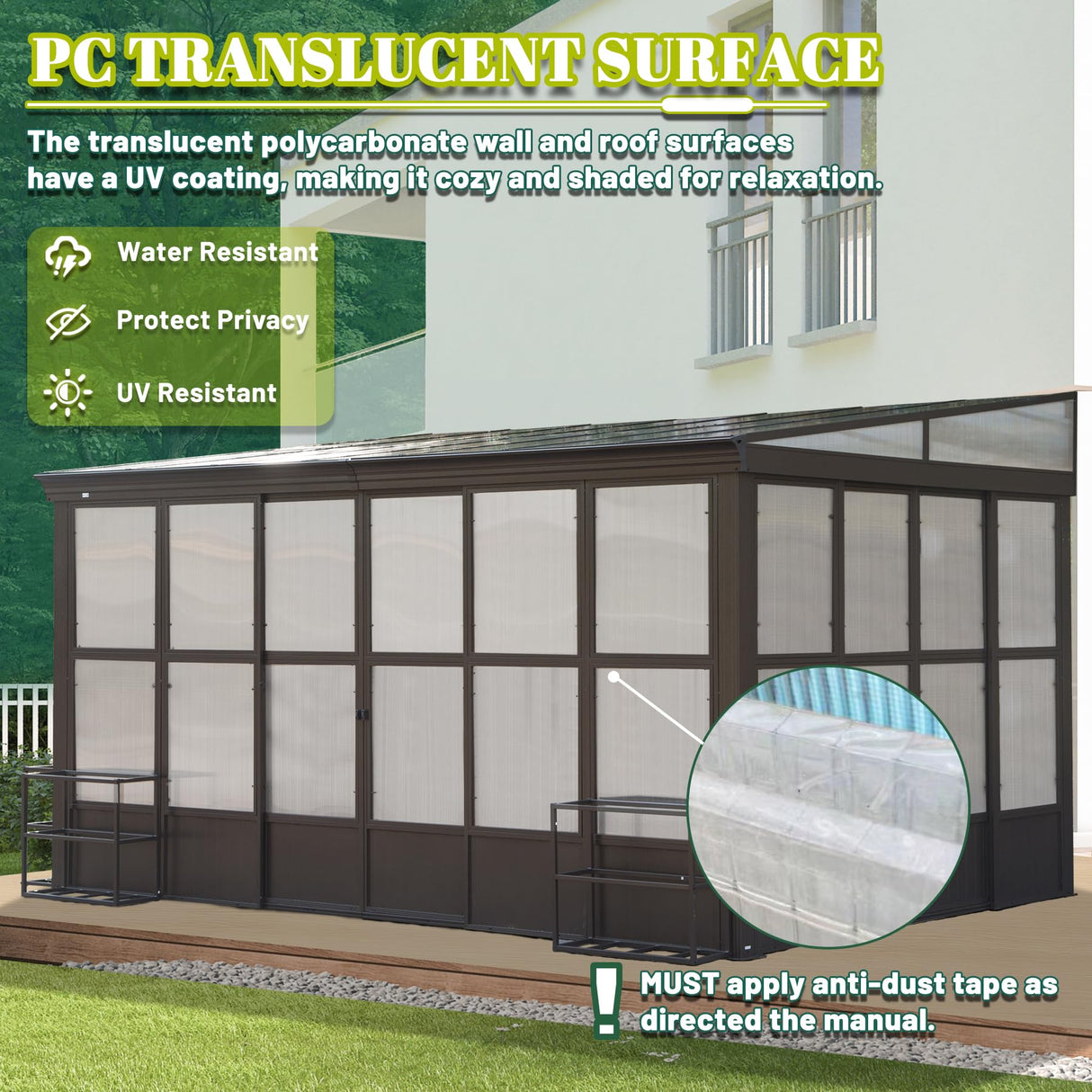 Domi 10x14FT Wall Mounted Sunroom, Wall Solarium with Aluminum PC Sloping Roof, Detachable PC Screen House, Lockable Sliding Front and Side Doors, Outdoor Lean-to Gazebo, Sun Room for Deck Patio domi outdoor living