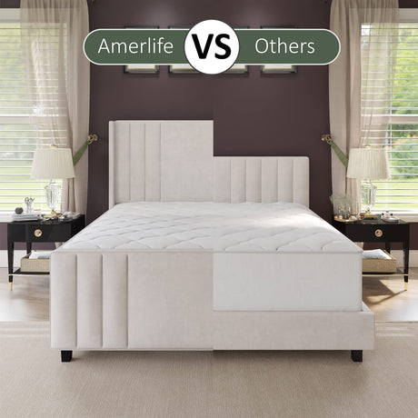 AMERLIFE Queen Size Bed Frame, Velvet Upholstered Platform Bed with Vertical Channel Tufted Headboard & Footboard/Wingback, Mattress Foundation with Wood Slats, No Box Spring Needed, Cream AMERLIFE