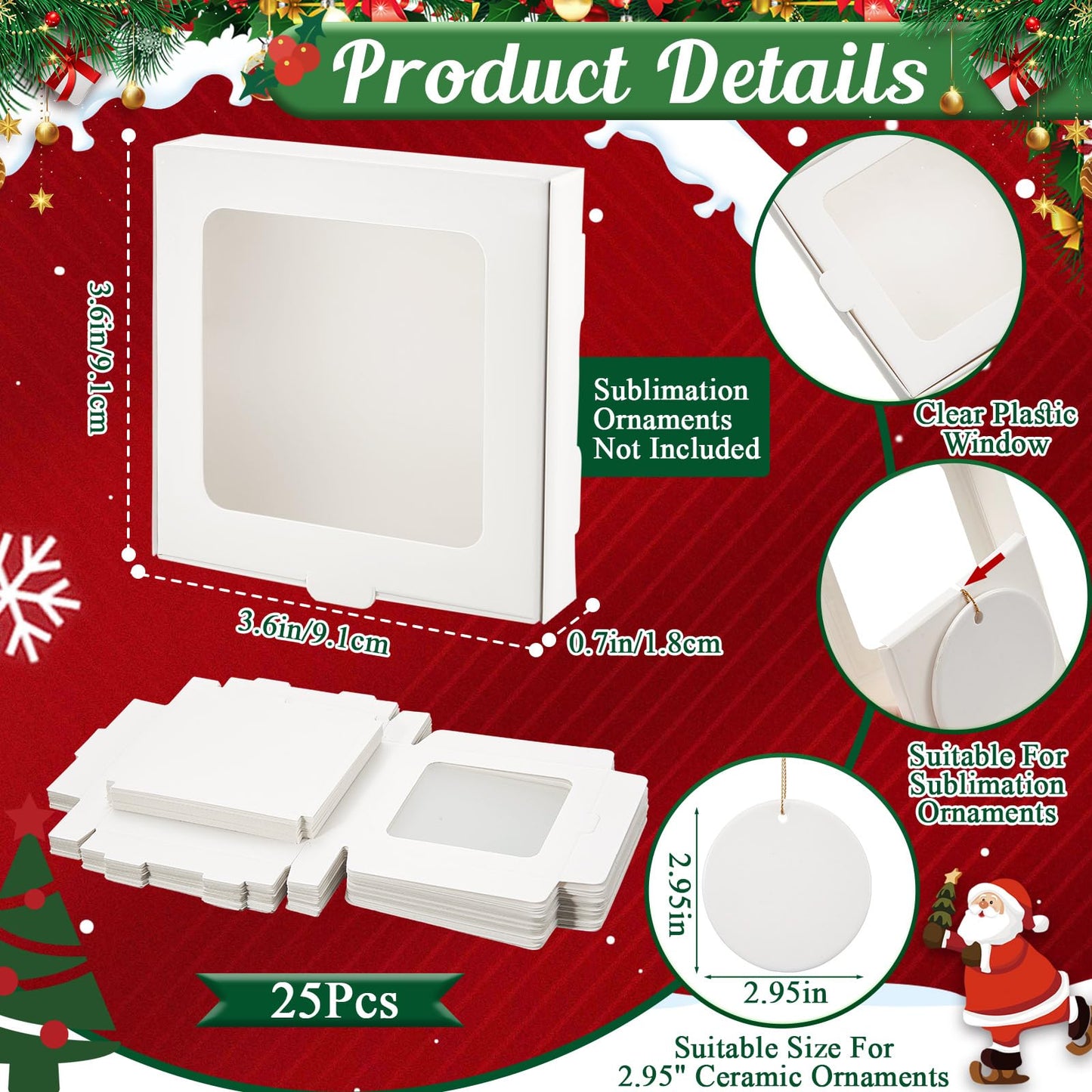 Dunzoom 25 Pcs Sublimation Ornament Blanks Gift Box 3.6"x3.6"x0.7" Christmas Ornaments Holder Ceramic Discs Ornaments Packaging Box with Window for Personalized Xmas Tree Ornament Blanks Bulk (White)