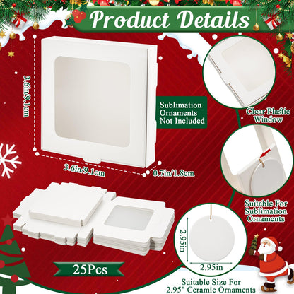 Dunzoom 25 Pcs Sublimation Ornament Blanks Gift Box 3.6"x3.6"x0.7" Christmas Ornaments Holder Ceramic Discs Ornaments Packaging Box with Window for Personalized Xmas Tree Ornament Blanks Bulk (White)