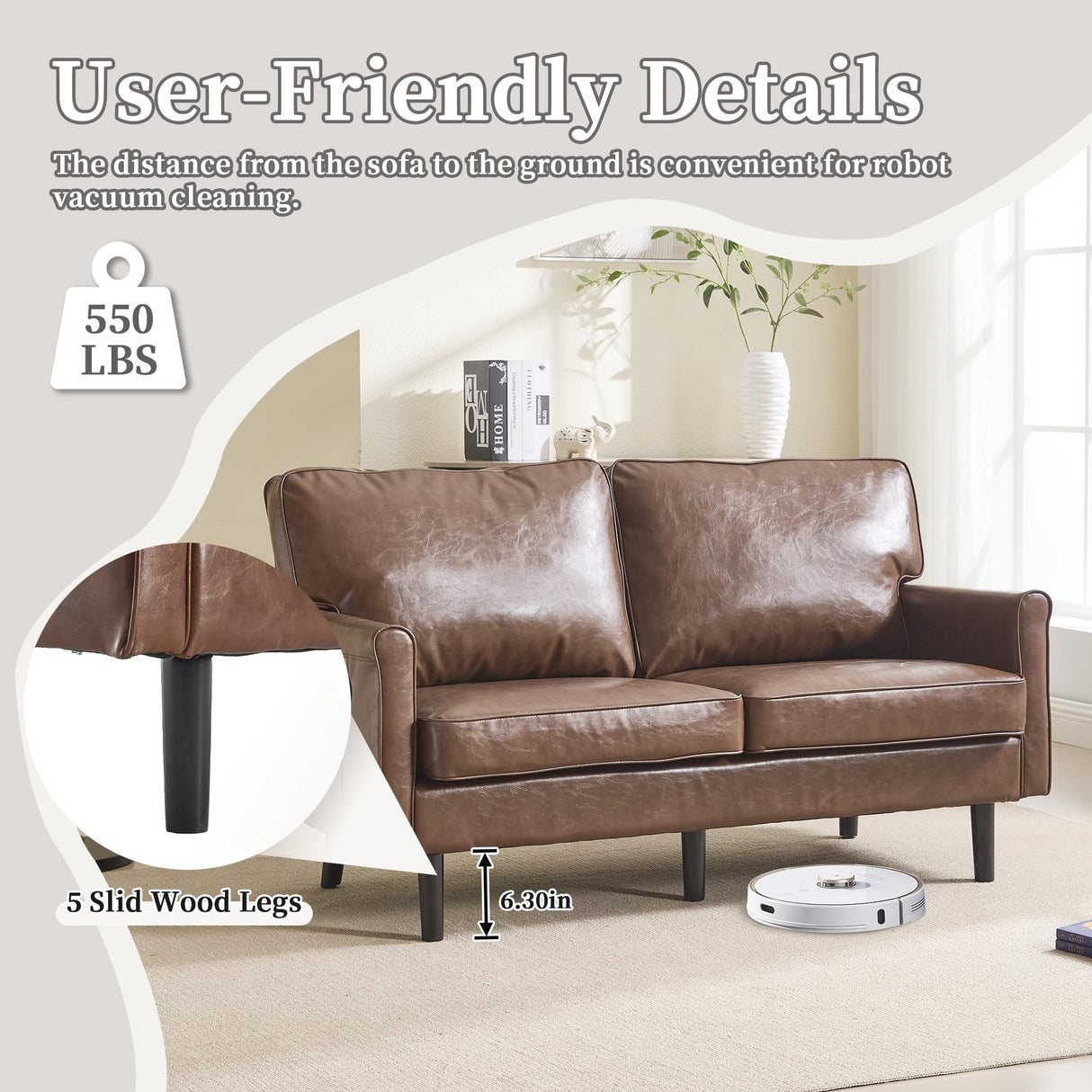 KEIKI PU Leather Loveseat Sofa, 56.3" Small Couch 2 Seater Sofa Couches with 2 USB & 1 Type-C Charging Ports, Removable Pillow Cover, Comfy Cushion, Love Seat Couches for Bedroom, Apartment, Brown KEIKI
