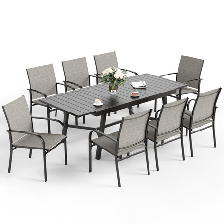 SUNSHINE VALLEY 9 Piece Patio Dining Set for 8, Rectangular Extendable Dining Table, 8 Metal Brown Chairs, Outdoor Table and Chairs Set for Lawn Backyard and Deck SUNSHINE VALLEY