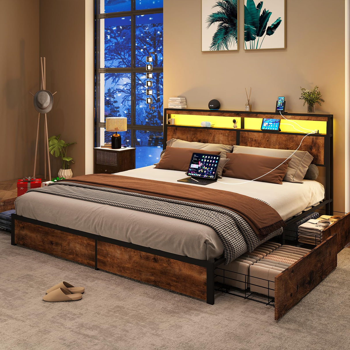 SADENICEL King Bed Frame with Storage Headboard and 4 Drawers, Metal Platform Bed Frame with LED Light, Charging Station, No Box Spring Needed, Noise Free, Easy Assembly, Vintage Brown SADENICEL